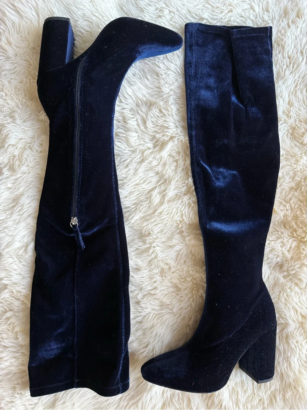 Zara Navy Velvet Over-the-Knee Block Heel Boots